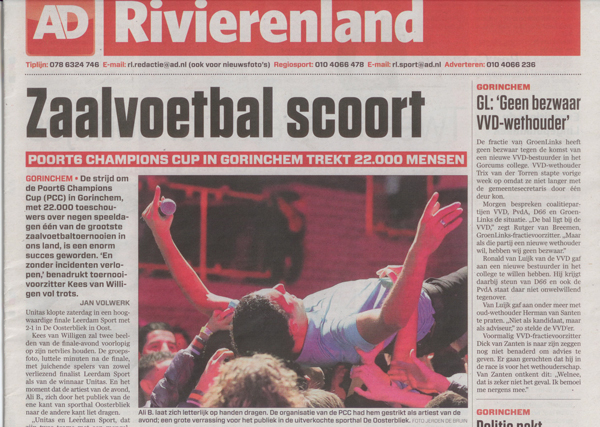 Foto van DBRN Fotografie op de voorpagina van het Algemeen Dagblad (Rivierenland) van 07 januari 2013 (Sport)